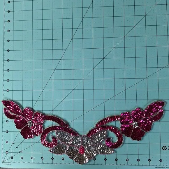 Fuchsia and silver sequin and bead flower neckline applique