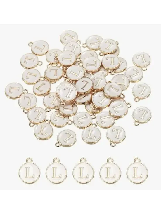 White Enamel Letter L Charms Gold Tone Alphabet Pendant 50pcs Jewelry DIY -NEW