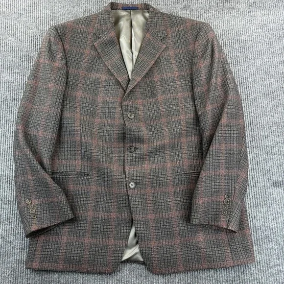 Daniel Cremieux Blazer Mens 46R Brown Gray‎ Plaid 3 Button Notch Lapel Made USA