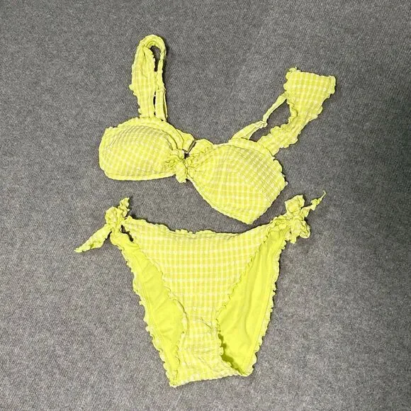 Adore Me Yellow Gingham Bikini Set Size M Tie Side Ruffle Swim