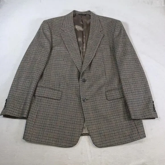 Roundtree & Yorke Mens Wool 2-Button Blazer Jacket Brown Windowpane‎ Plaid • 43L