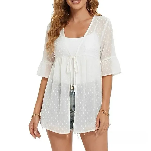 Women's Swiss-Dot Sheer Tie Front Flutter Short Sleeve Swim Coverup Sheer Ivory
