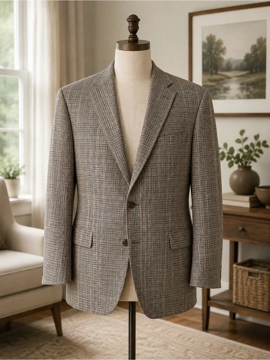 Hart Schaffner Marx 48R Houndstooth Plaid Sport Coat Tan Navy Blue USA Blazer