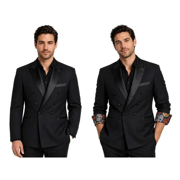 Indochino Black Wool Cashmere Tuxedo Blazer Skull Lined Goth 44R Custom Fit NWT