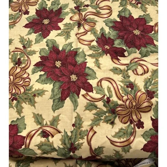 Cranston Home Christmas Holly Poinsettia Bows Floral Yellow Print Cotton Fabric
