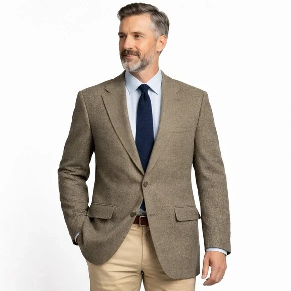 Lands'‎ End Blazer Mens 44L Herringbone Wool Sport Coat USA Made Classic