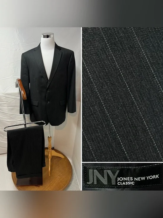 Jones New York Men's 46R Blazer 38x31 Pants Charcoal Gray Pinstripe Suit