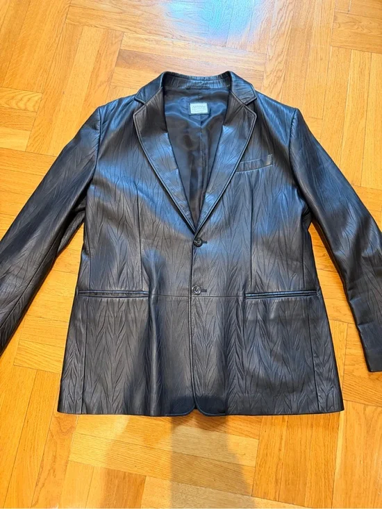 Armani Collezioni Black Textured genuine Leather Sport Coat jacket Sz 48L XXL