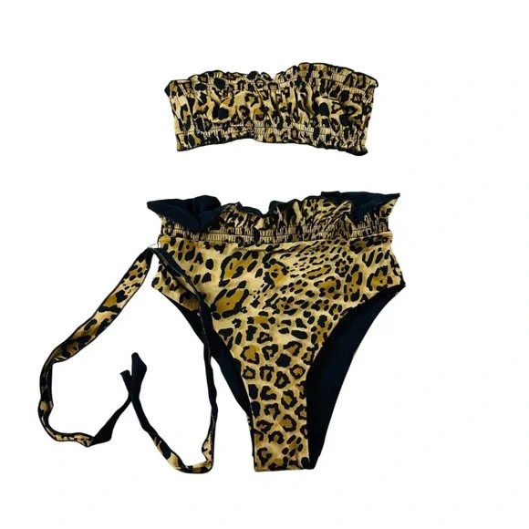 Leopard Print High-Waist Bandeau Bikini Set - Yellow/Black