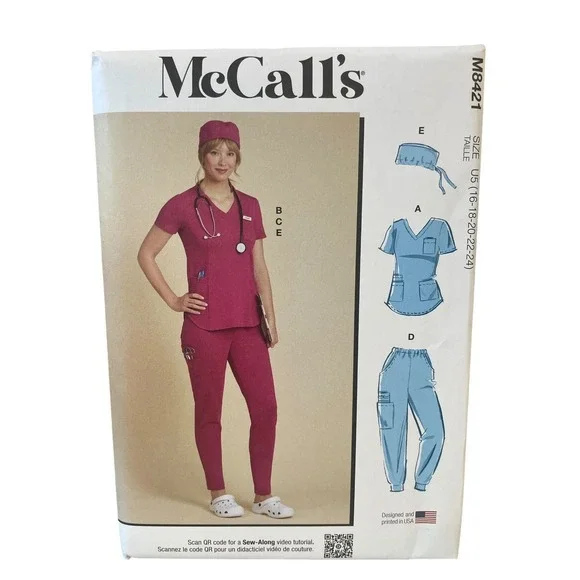 McCall's M8421 Misses Knit Scrub Tops Pants Jogger Cap Size 16-24