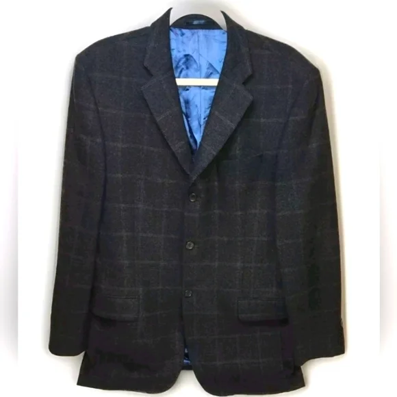 Daniel Hechter Paris 40L Navy Blue Plaid Wool Cashmere Blazer Jacket (5JJ04)