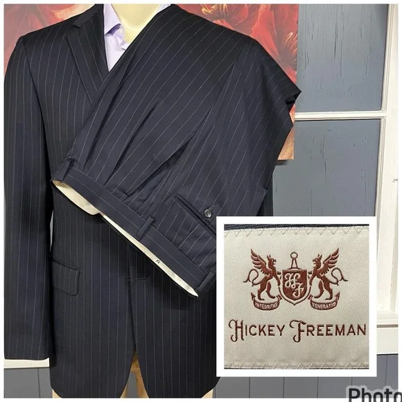 Hickey Freeman (Actual Sz 40R) Suit Men Pleated Pants 33x32 (Unhemmed) Dark Navy