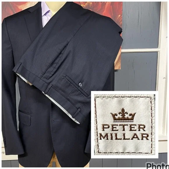 Peter Millar Suit Mens 40R Wool Pants 34x28 Pinstriped Dark Navy Striped