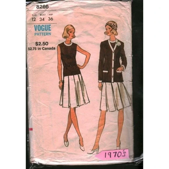 8266 Vintage 1970s Vogue Dress and Jacket Sewing Pattern Size 12‎ Bust 34 Hip 36