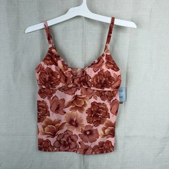 Shade & Shore Tankini Swim Top Womens Medium Pink Hibiscus Floral Adjustable NWT