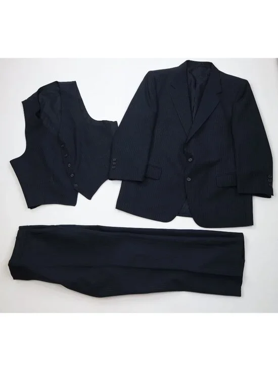 Vintage 70s Streetwear Mens 44S 3 Piece Suit Pinstriped Wedding Wide Leg 38x28