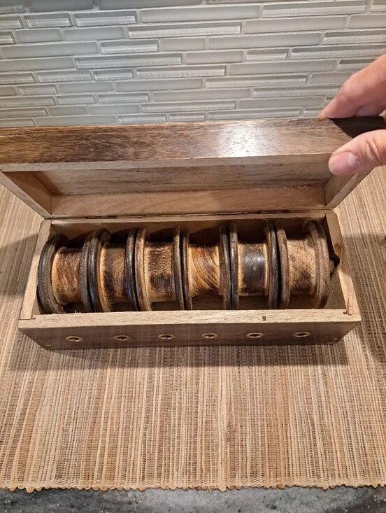 6 Spool Lazy Kate Spinning Wheel Bobbin String Ribbon Holder. Wooden Box