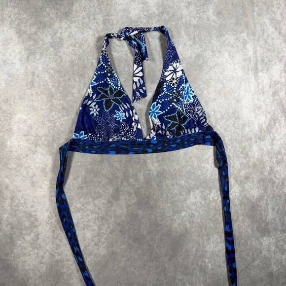 Blue Floral Leopard Bikini Top XXL Halter Removable Padding Nautical Y2K Swim