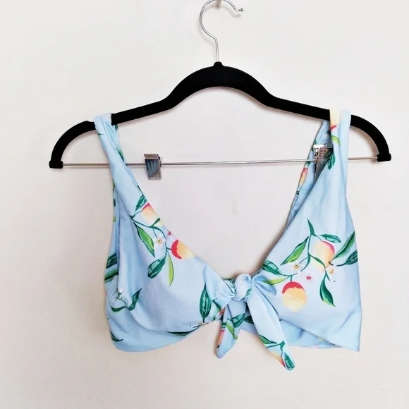 Unbranded Retro Tie Front Peach Print Baby Blue Bikini Top Size Small