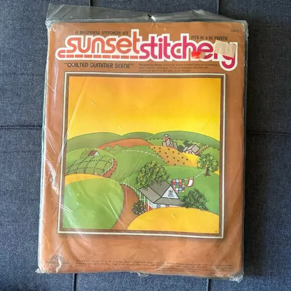 Quilted Summer Scene Vintage Stamped Embroidery Kit by Sunset Stichery - 1970s