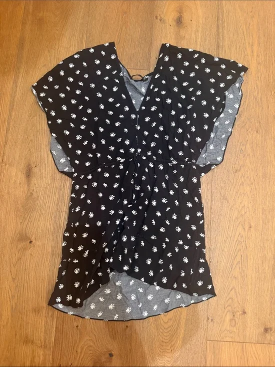 Black Floral V-Neck Swim Coverup with Drawstring Waist