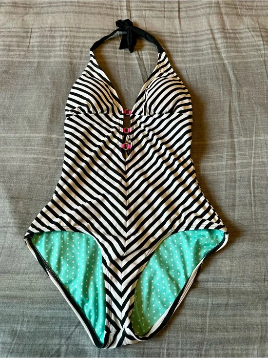 Guess Black & White Striped One-Piece Swimsuit with Mint Polka Dot Lining