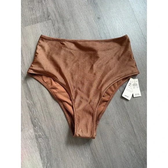 Aerie High Waisted Cheeky Bikini Bottom Ribbed Copper Brown Small