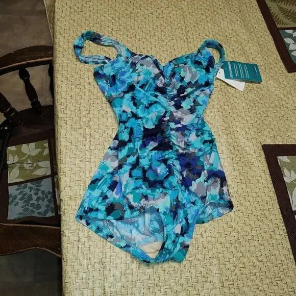 New Maxine Of Hollywood Instant Minimizer Teal Designed Bathing Suit Women's 8