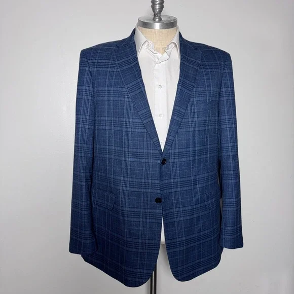 Paul Fredrick Blazer Mens 50L Navy Plaid Two Button Notch Lapel JHU008W