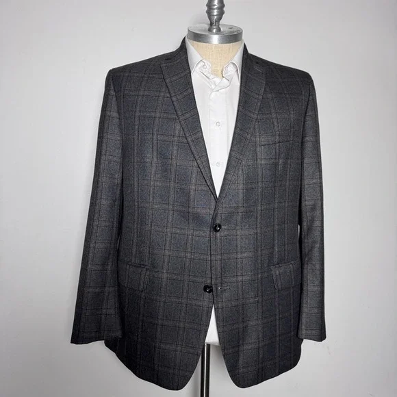 Michael Kors Blazer Mens 48L Grey Plaid Two-Button Notch Lapel Double Vent