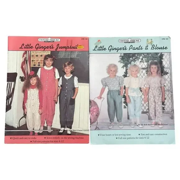 Vintage Little Ginger's Sewing Patterns‎ Kids Pants Blouse Jumpsuit Lot Of 2