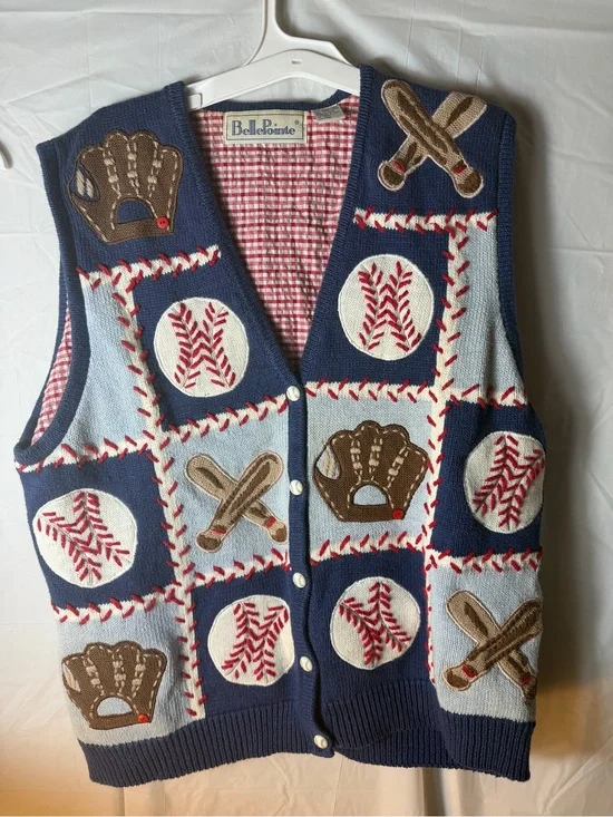 Vintage BellePointe size xl Navy Baseball Patchwork Sweater Vest