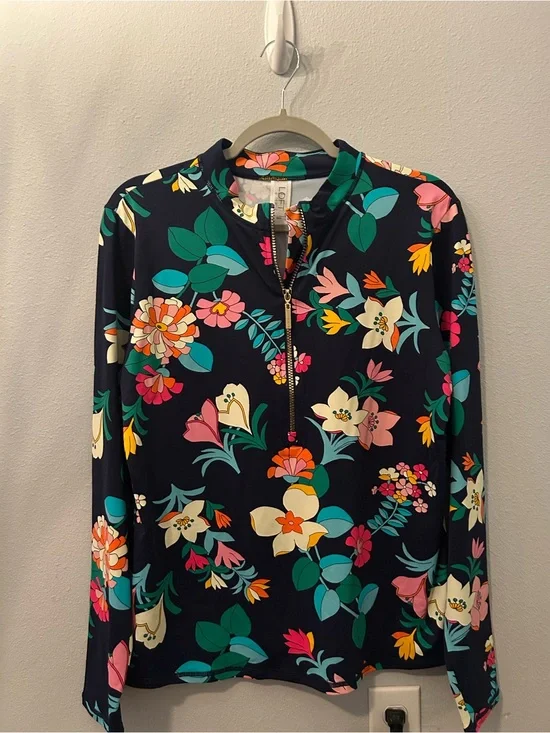 LOFT Navy Floral Half-Zip Long Sleeve Swim Top