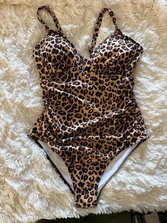 Leopard Print Ruched One Piece Swimsuit XL NWOT