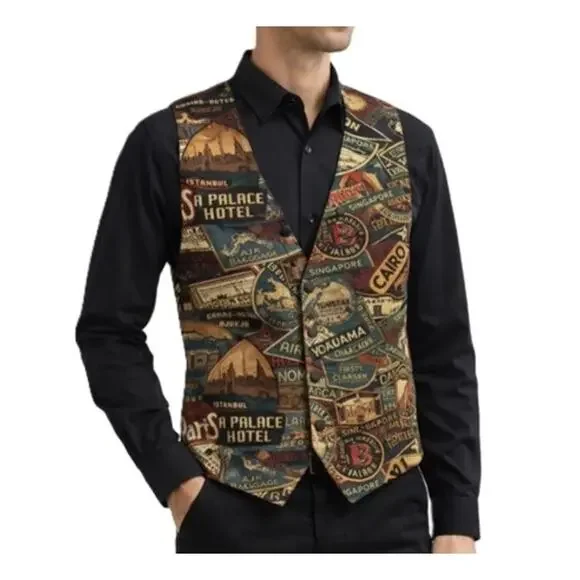 Lattitudes Vest Mens Size XL Graphic Black Multi Art Streetwear Boho 90s Arts