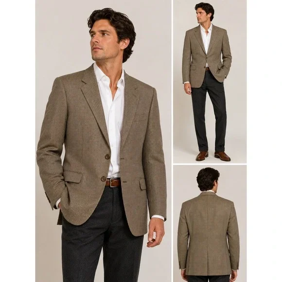 Robert Stock Mens 42L Blazer Brown Tan Houndstooth Silk Wool Sport Coat 6947AX