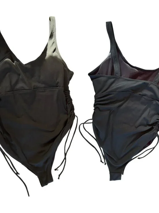 Black XL One-Piece Swimsuit Ruched Adjustable Straps Polyester Elastane