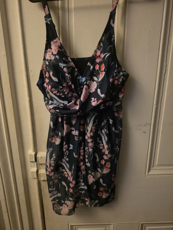 Floral V-Neck Navy Swimsuit with Pink Accents