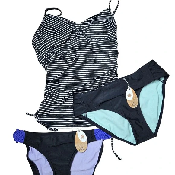 NWT Prana Tankini Swim Set Stripe 3 Piece Bikini Bottoms Ruched Drawstring XS