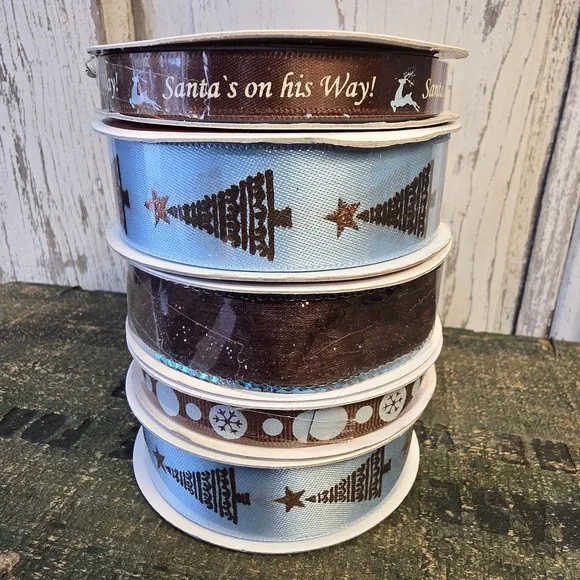 5 PC Set Celebrate It Christmas Ribbon Blue Brown Holiday 3/8