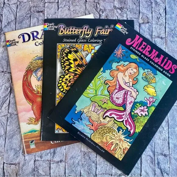Dover Coloring Books Set of 3 Dragons Butterfly Fairies Mermaids Fantasy Fun