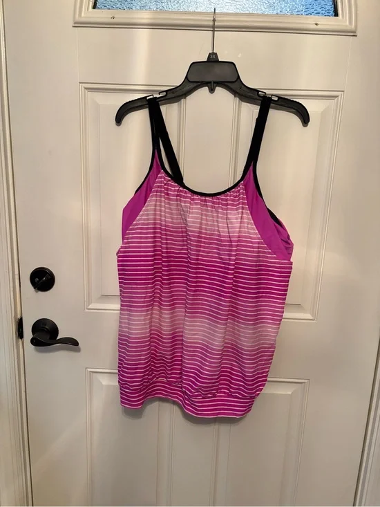 Free Country Pink Ombre Striped Swim Tank with Black Straps