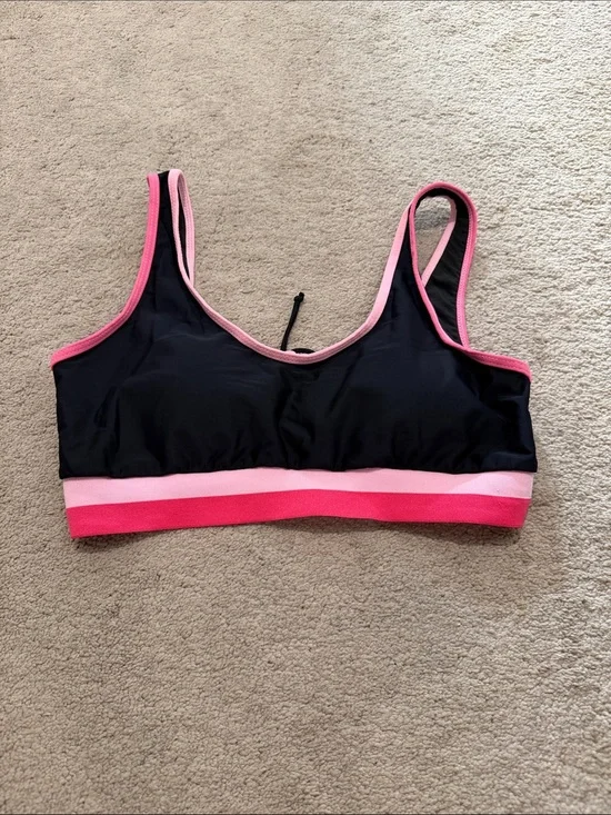 Women's Black Swim Top with Pink Trim - Sporty Colorblock Bikini Top