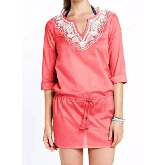 Lands End Womens 3X Coral Pink Cotton Embroidered Split Neck Swim Cover Up Dress
