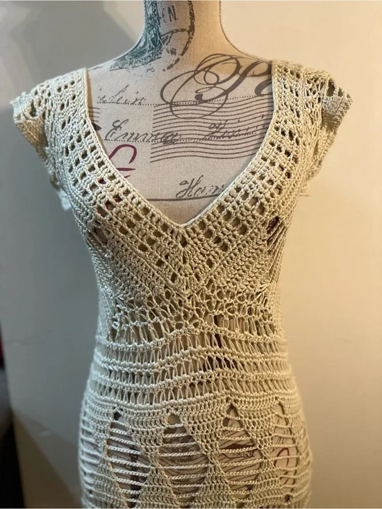 Cream Crochet V-Neck Swim Coverup Dress