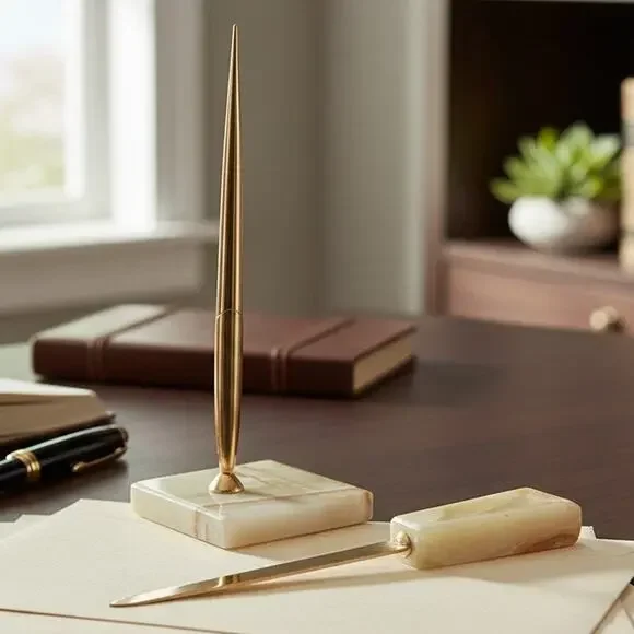 Vintage Sheaffer White Dot 14K Nib Fountain Pen Marble Desk Set Letter Opener