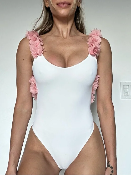 White One-Piece Swimsuit with Pink Floral Straps