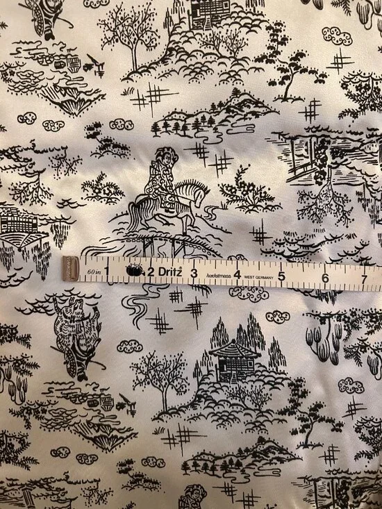Vintage Toile Asian Scenes Satin Black & White Fabric LONG PIECE 44 x 275 inch