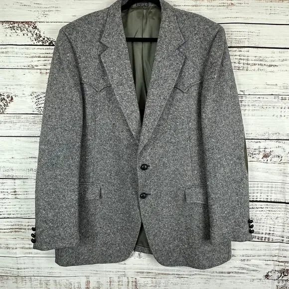 VTG The Great Western Gray Blazer Wool Tweed Western Elbow Patches USA Mens 44L