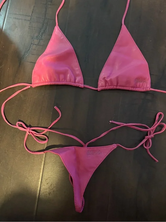 Y2K vintage hustler Hot Pink leather Triangle String Bikini Set Women Swim nwot